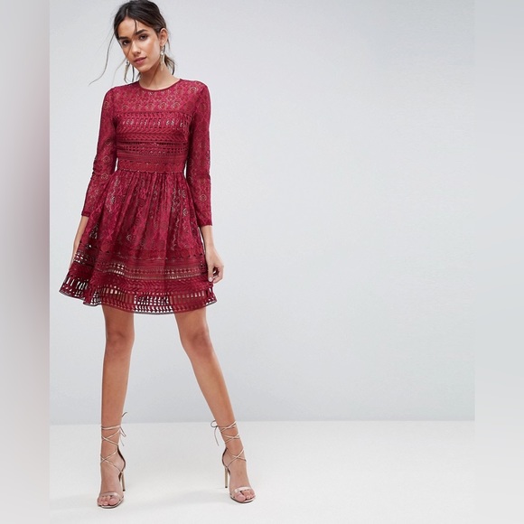 NWT ASOS Premium Lace Mini Skater Dress Maroon Red Oxblood Size 14 - Picture 1 of 14